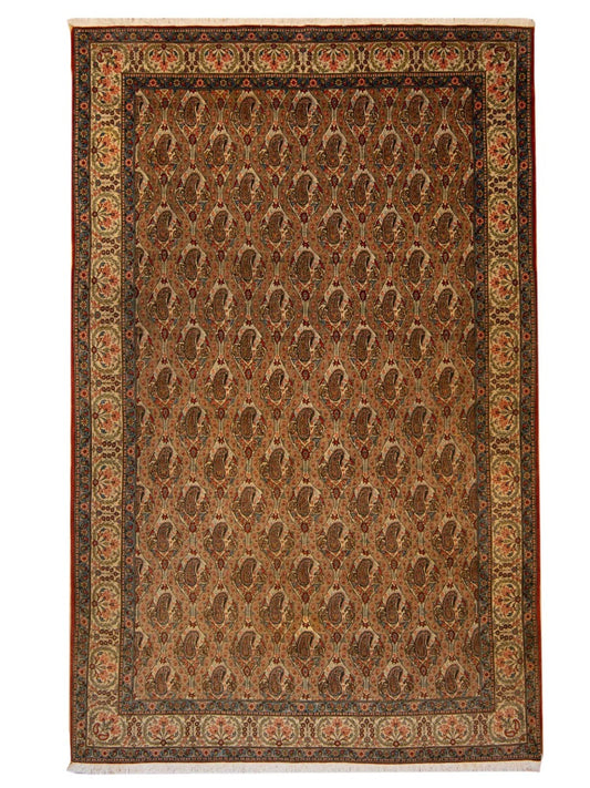 Ghom rug with ornate border and geometric medallion pattern, warm brown and cream.