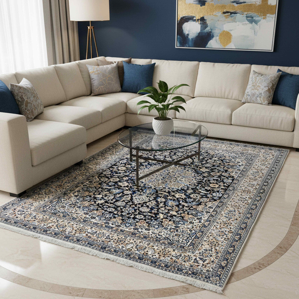 Nain rug with navy and cream floral design, laid flat on light floor in a room.