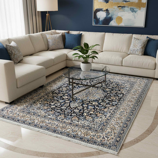Nain rug with navy and cream floral design, laid flat on light floor in a room.