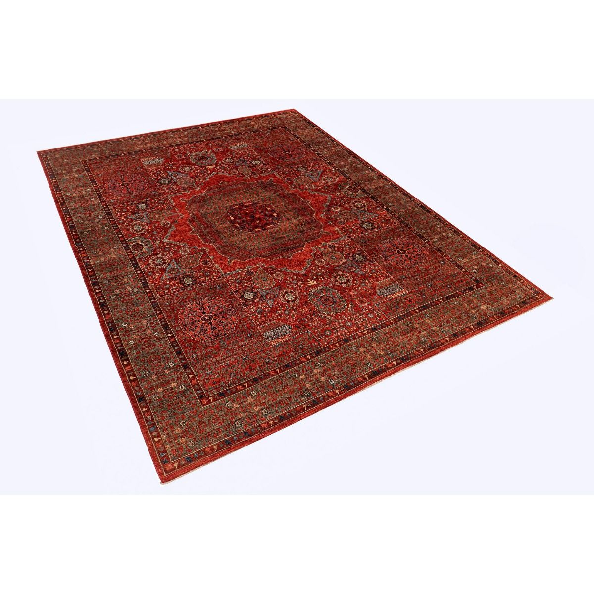 Mamluk rug shown diagonally with red center medallion and multicolor border