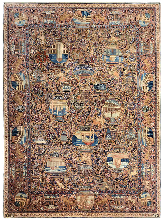 Decorative large rug with symmetrical blue and rust scrolling pattern