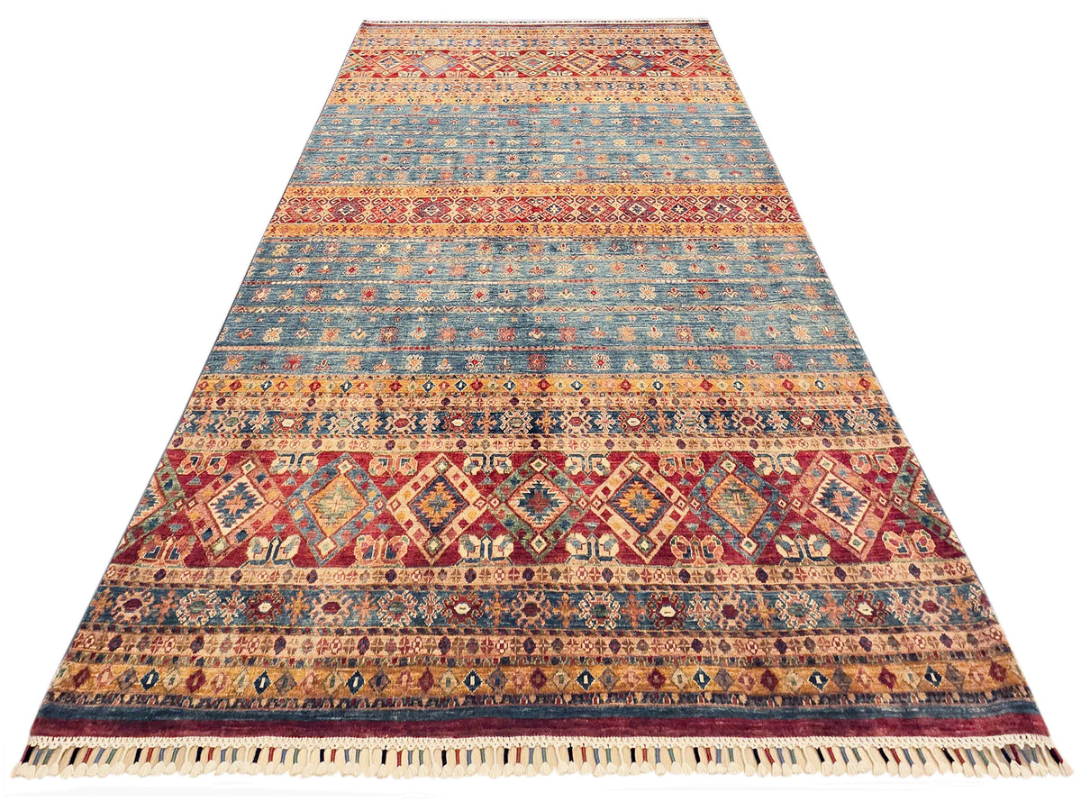 Khorjin-style rug large rectangular pattern with red, blue, and orange geometric stripes.