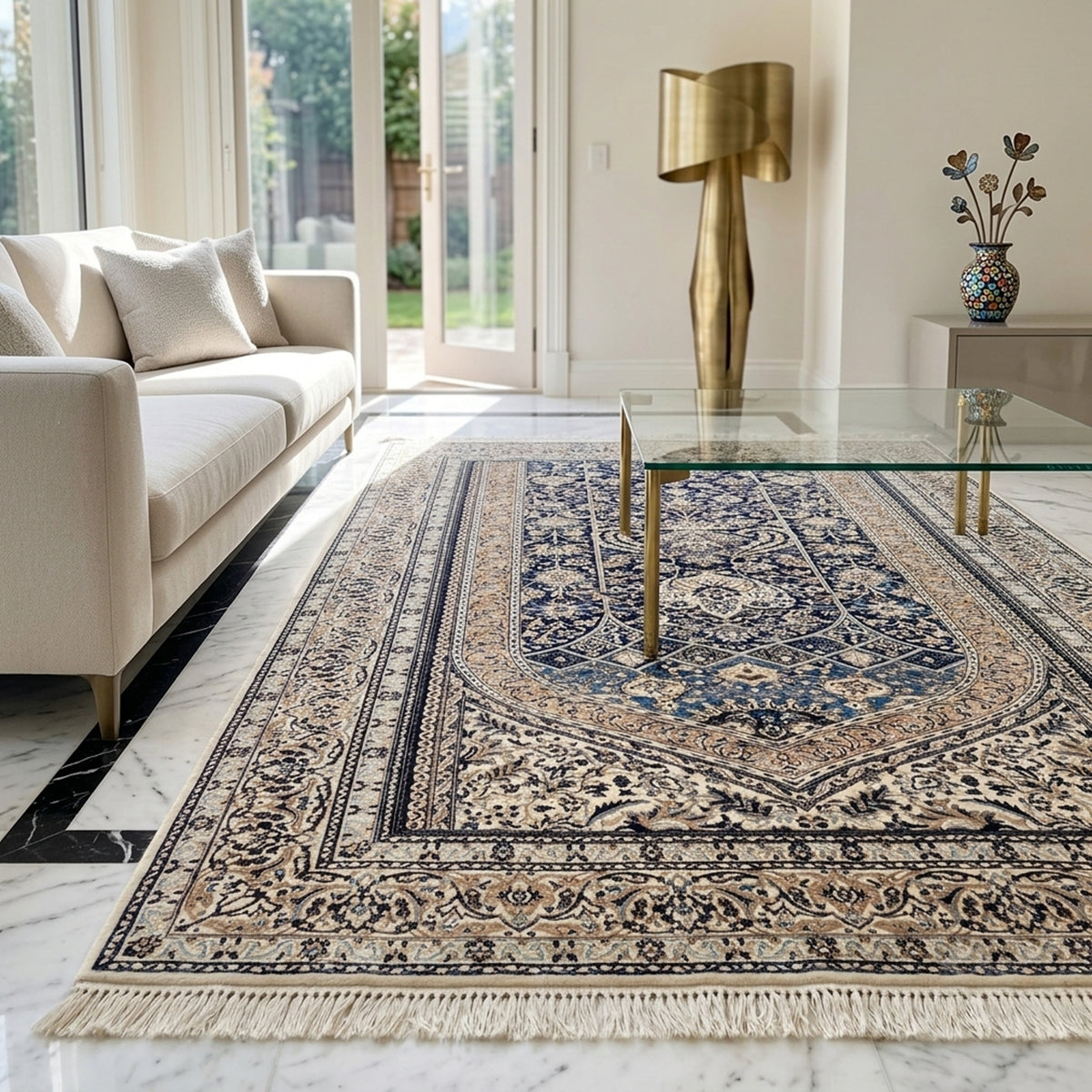 Blue and cream ornamental area rug with wide border and short fringe