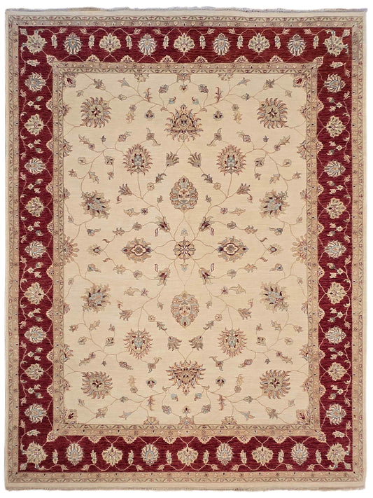 Rectangular rug with cream field filled with small floral rosettes, burgundy border