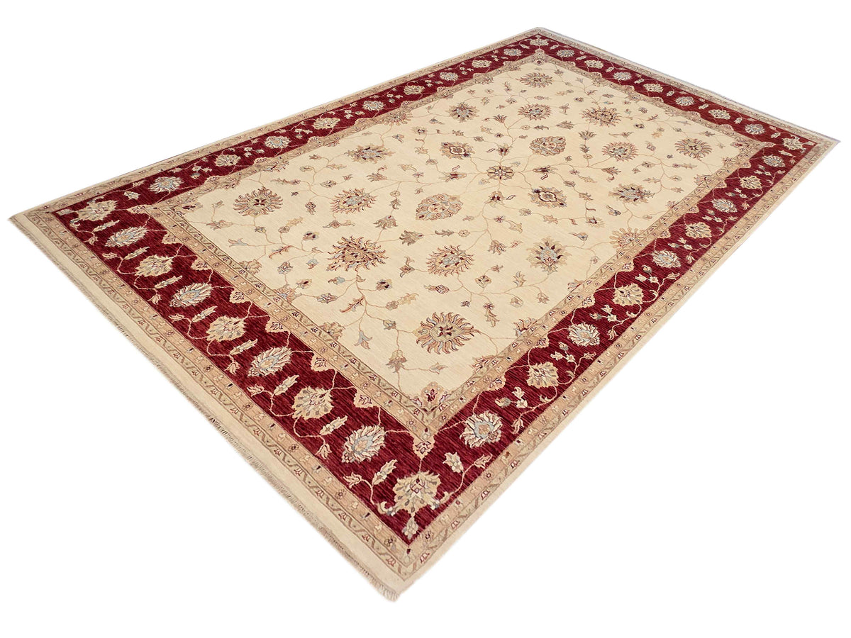 Cream wool rug with burgundy corner medallion and ornate border, 374 x 274 cm