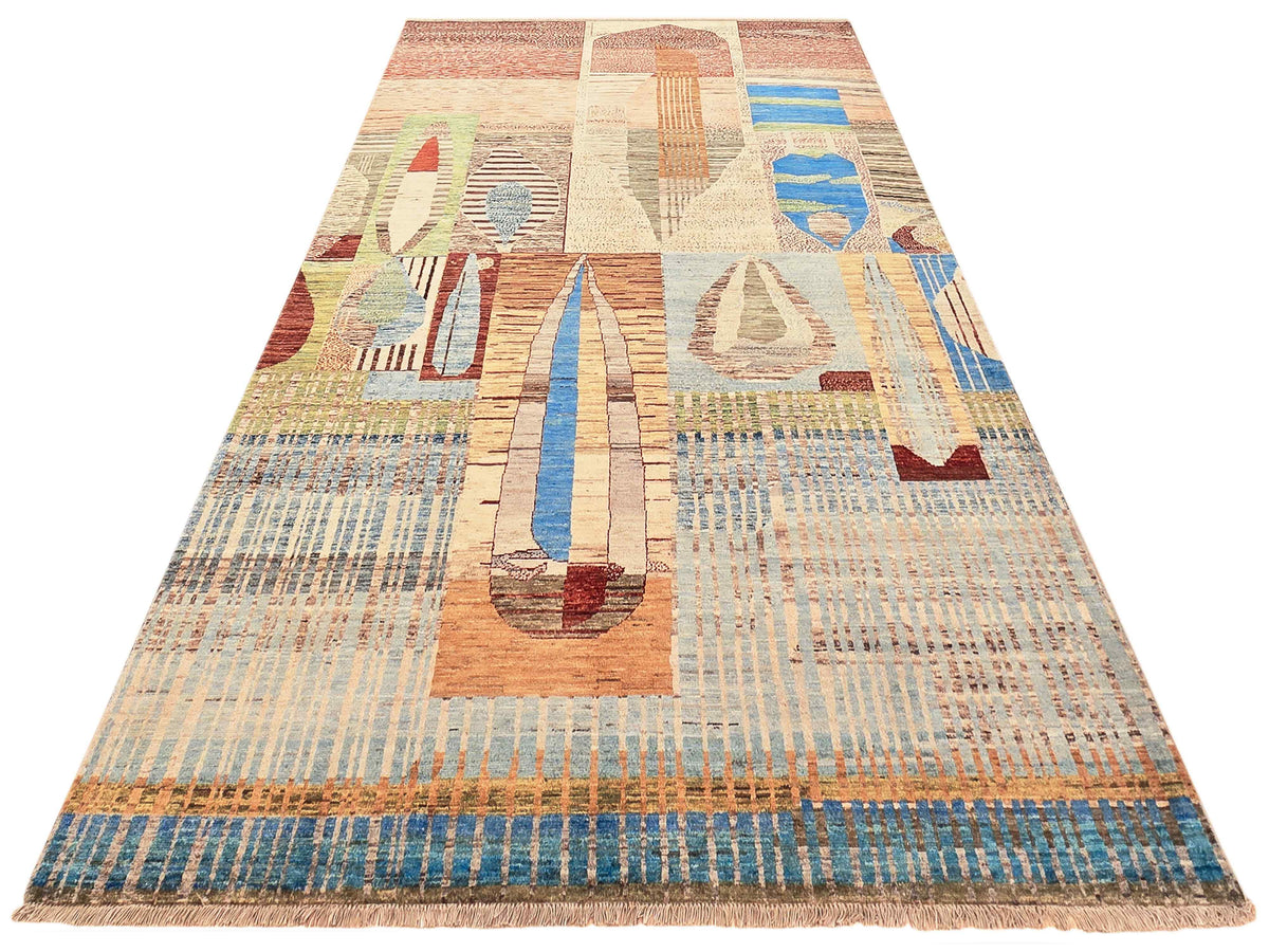Rectangular multicolor geometric area rug with abstract blocks and short fringe border.