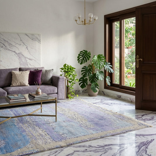 Abstract area rug with blue, beige, and violet bands on a textured surface