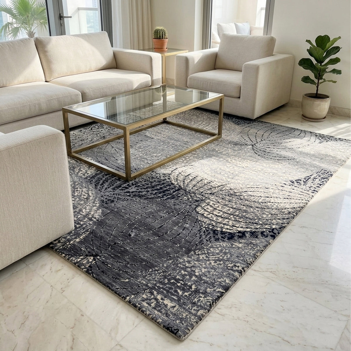 Beige and dark navy patterned area rug, 231x167 cm, with swirling line motifs