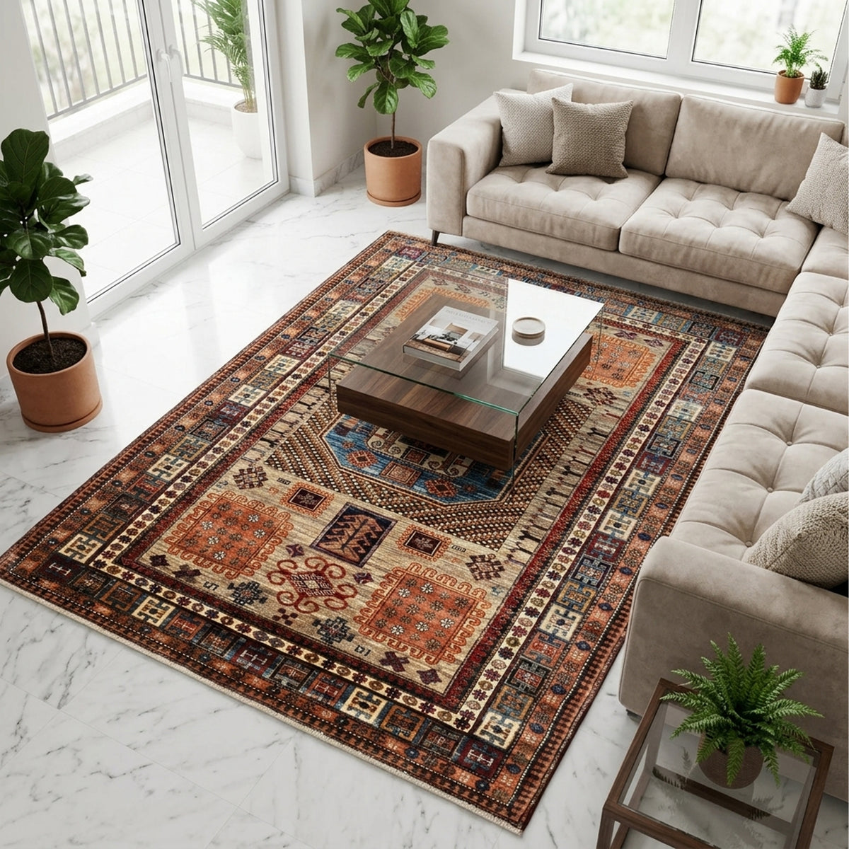 Kazak-style rug with ornate medallion pattern and geometric border, multicolor on light ground