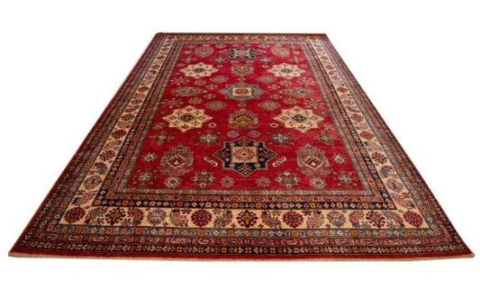 Kazak rug 330x252 cm, red geometric pattern with central medallion and border