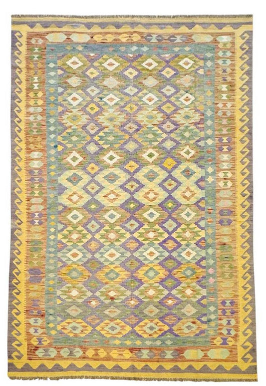 Geometric kilim rug with diamond pattern, multicolor on blue-green field and border