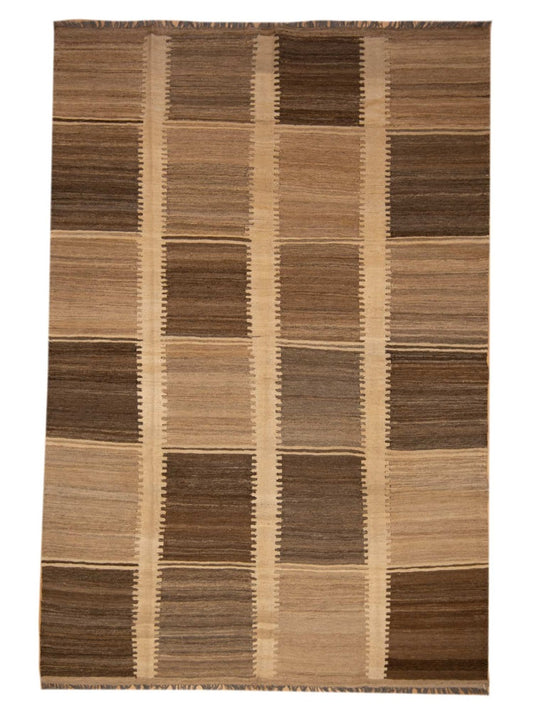 Geometric flatweave rug with brown and beige blocks and stripes