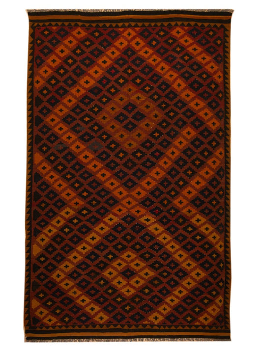 Kilim rug with geometric diamond pattern, dark brown, orange, and gold border.