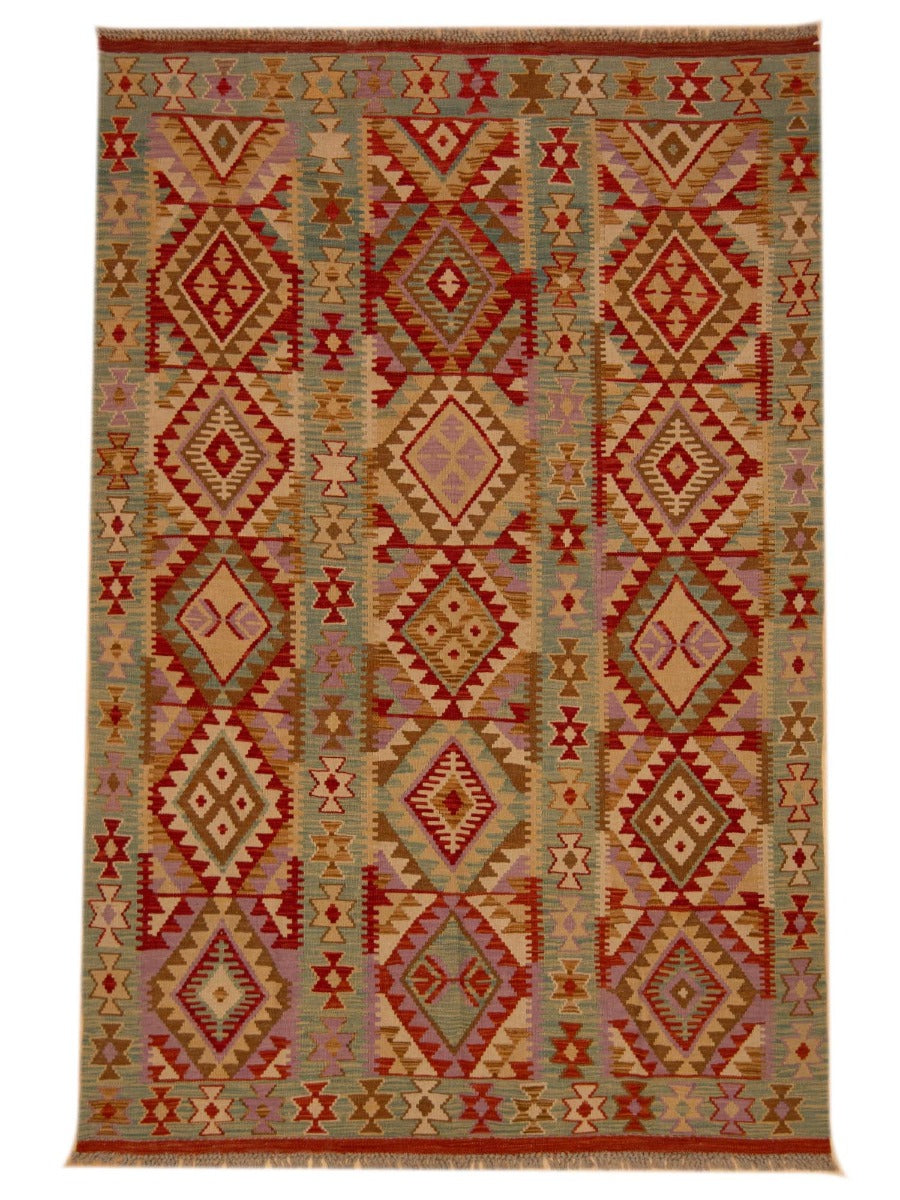 Multicolor kilim rug with geometric diamond and zigzag pattern, red, tan, and green