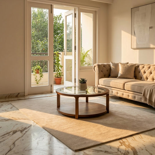 Light beige rectangular area rug on the floor with a simple, flat woven look.