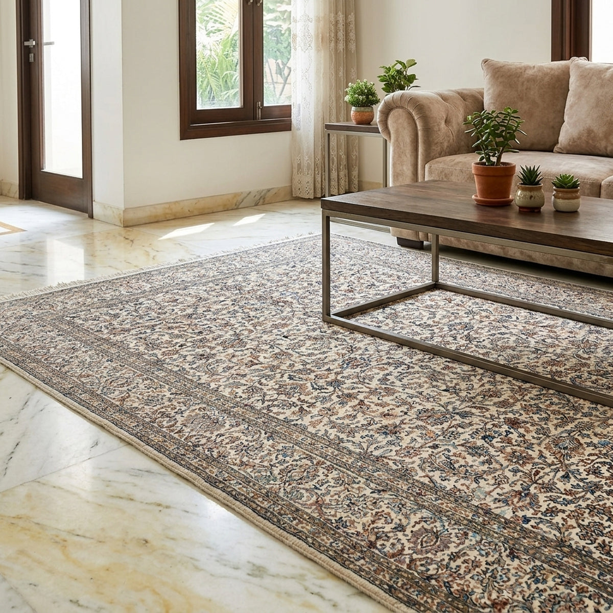 Beige patterned silk rug with detailed florals, dark border, and fringe edge