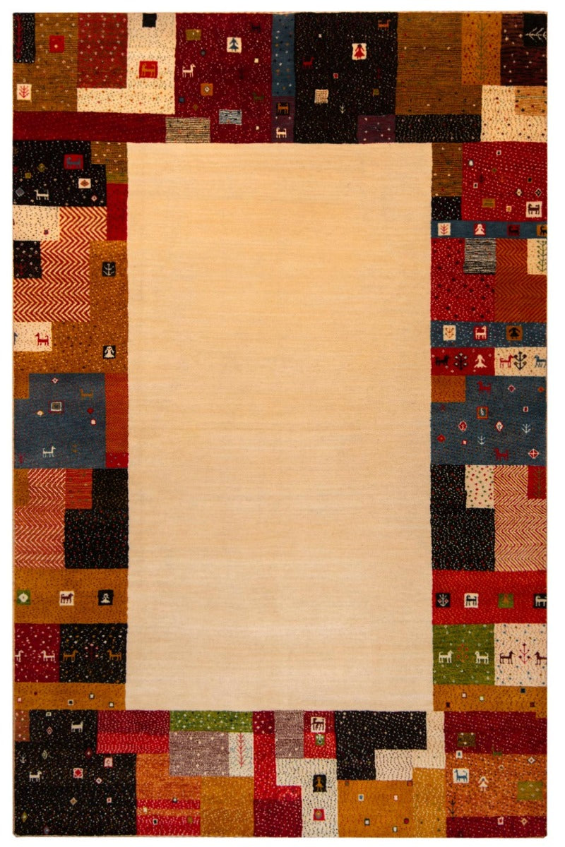 Patchwork Loribaft rug with multicolor square pattern and pale beige center, rectangular.