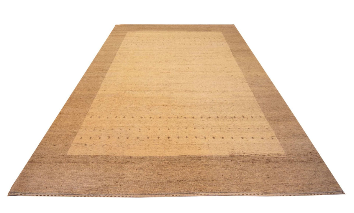 Beige rectangular rug with border and centered subtle dot pattern