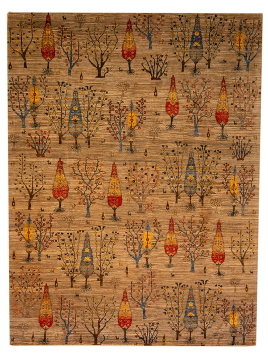 Tan rug with scattered tree and lantern pattern in red, blue, and black