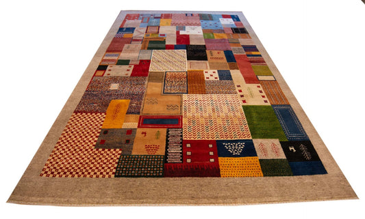 Rectangular patchwork rug with multicolor squares and borders on tan background