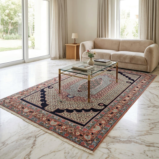 Large rectangular area rug with dark navy frame and red, cream, blue ornamental pattern.