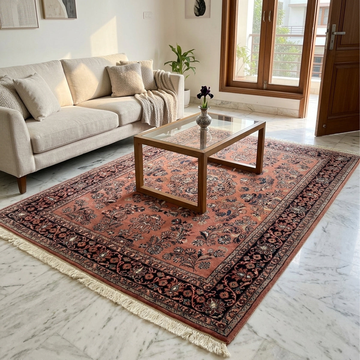Terracotta floral area rug with dark border and cream fringe on a low pile