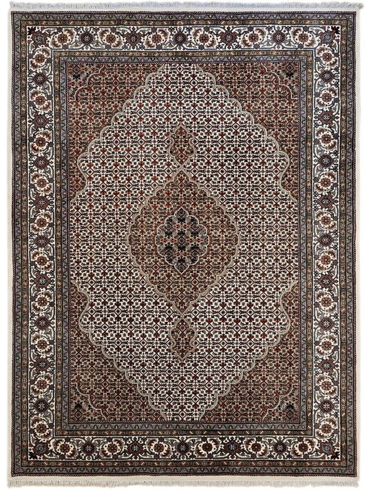 Square oriental rug with central diamond floral medallion, brown, cream, and dark trim