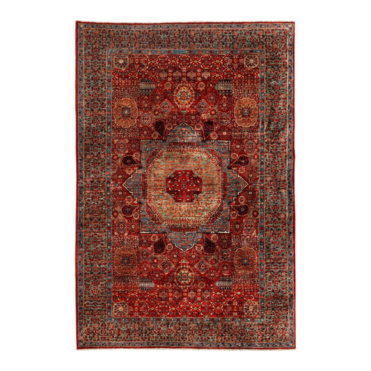 Red and navy Mamluk-style area rug with central medallion and geometric borders