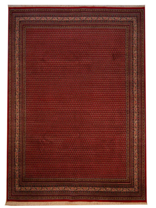 Indo Mir area rug in deep red with ornate border pattern, 334x238 cm