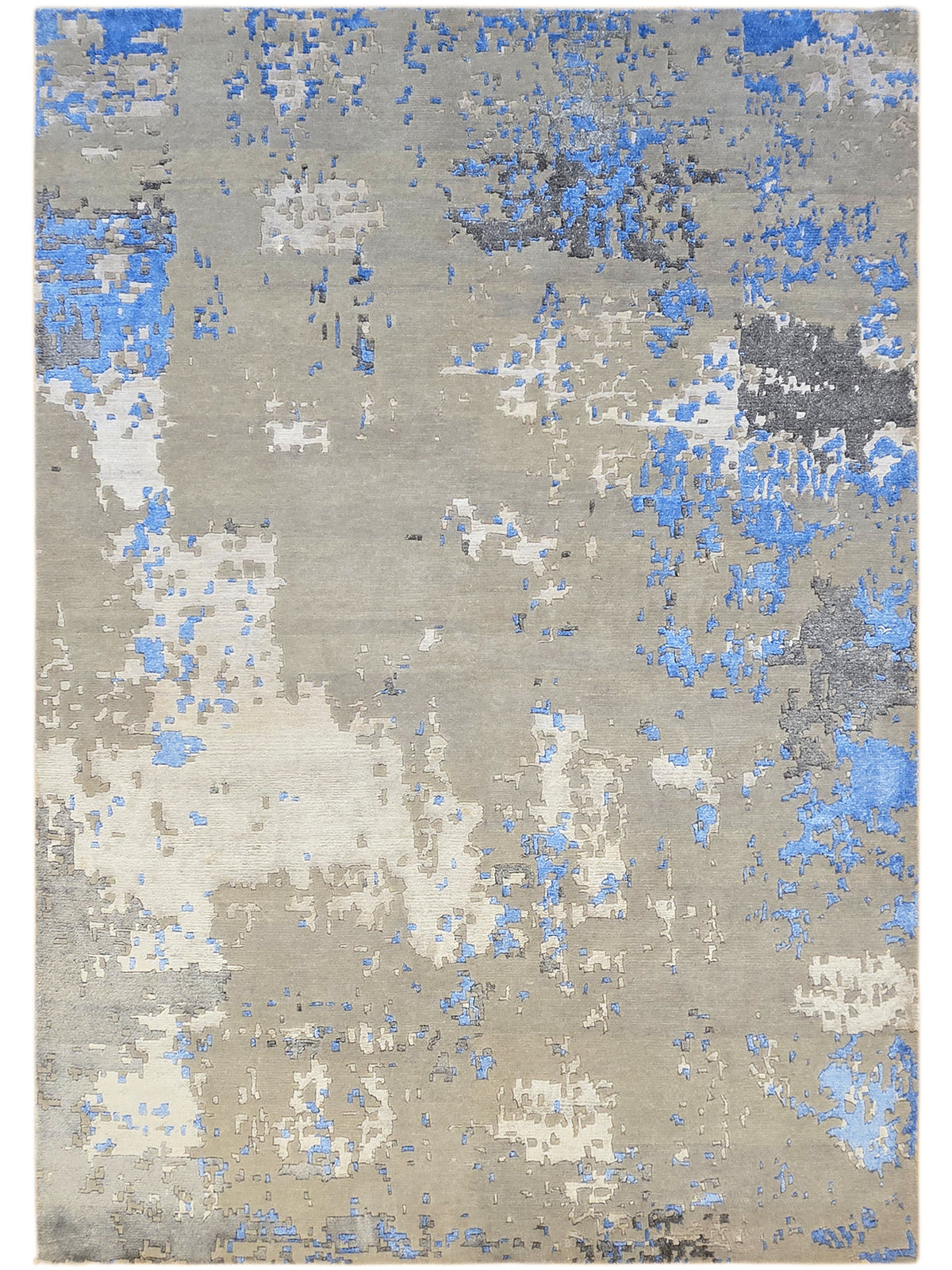 Abstract rug panel in gray with blue and white distressed patches, full view