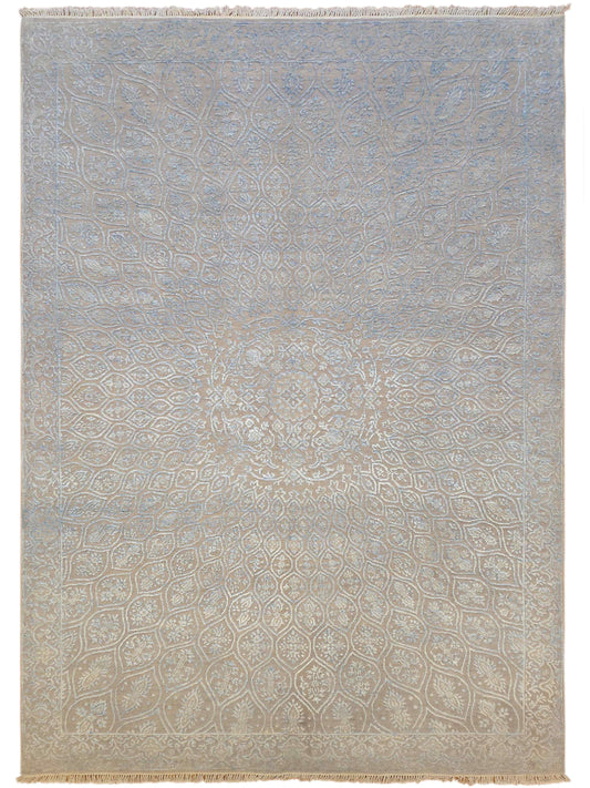 Flat frontal view of light blue-gray area rug with ornate repeating border pattern.