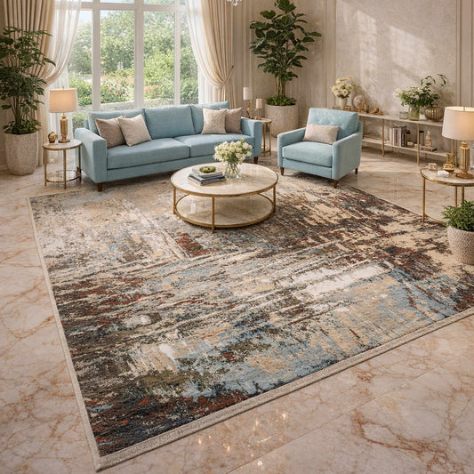 Abstract area rug with beige, light blue and rust distressed lines; textured pile.