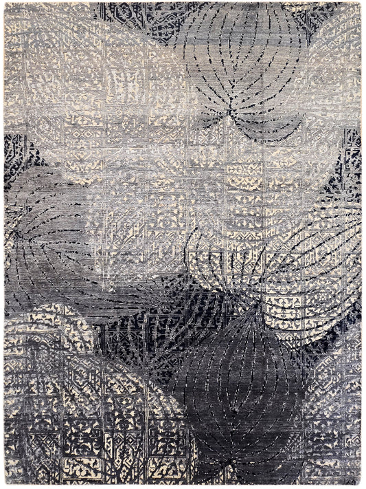 Beige and navy rug with geometric blocks and circular swirl motifs, 231x167 cm