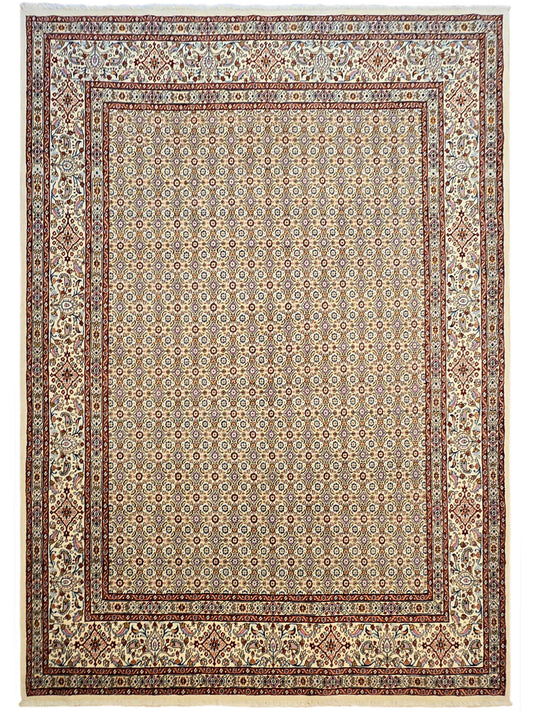 Persian rug with ivory field, geometric medallion border in rust red and navy accents