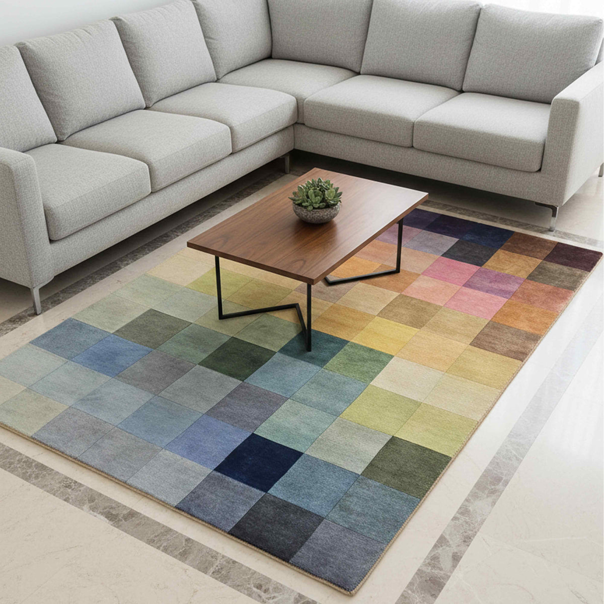 Square-block area rug with multicolor patches in blue, green, tan, and navy
