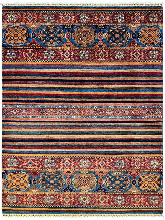 Rectangular rug with symmetrical medallions, geometric patterns, stripes, and fringed edges