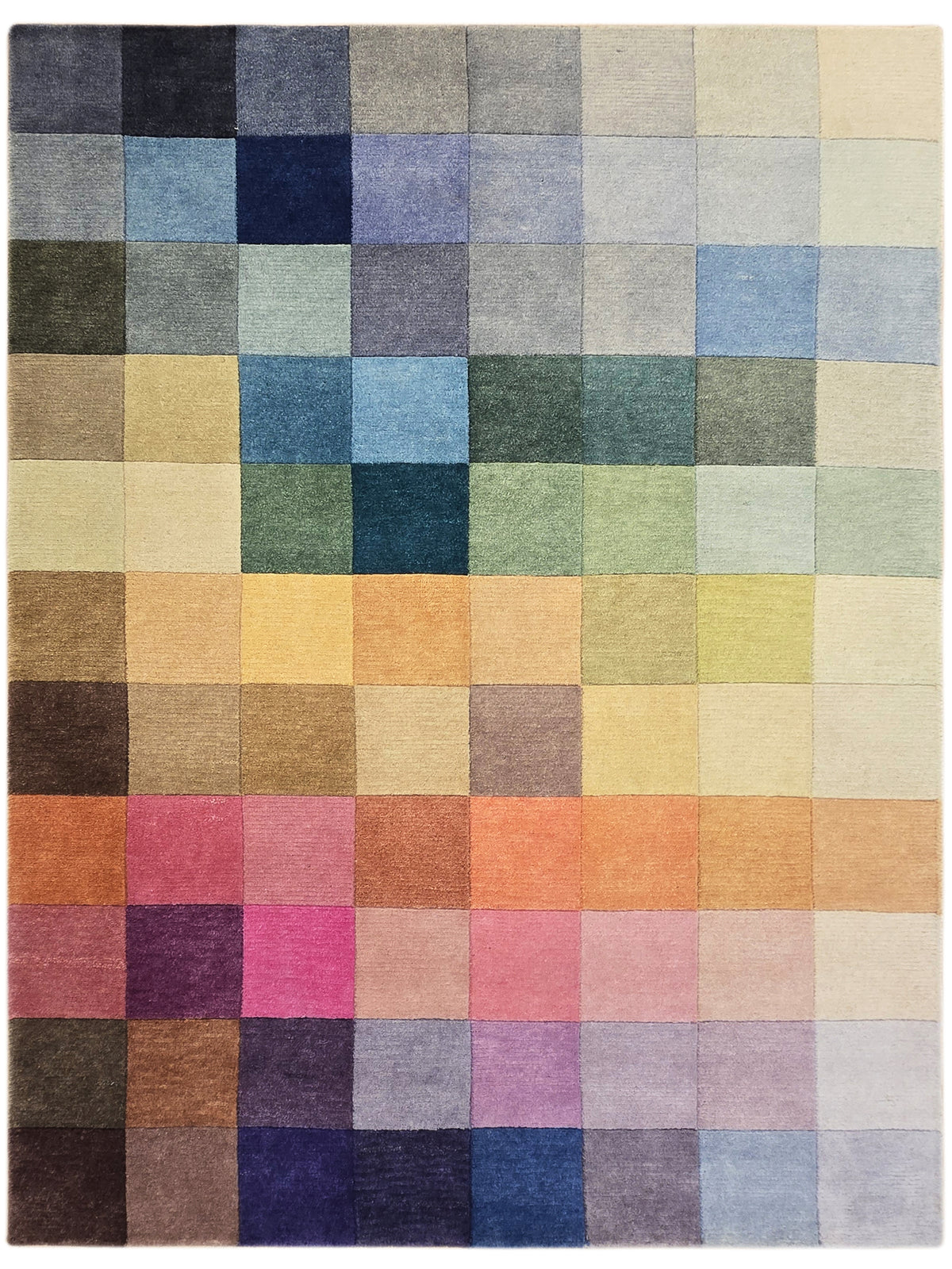 Multicolor square-block area rug with navy, blue, green, pink, yellow, and beige