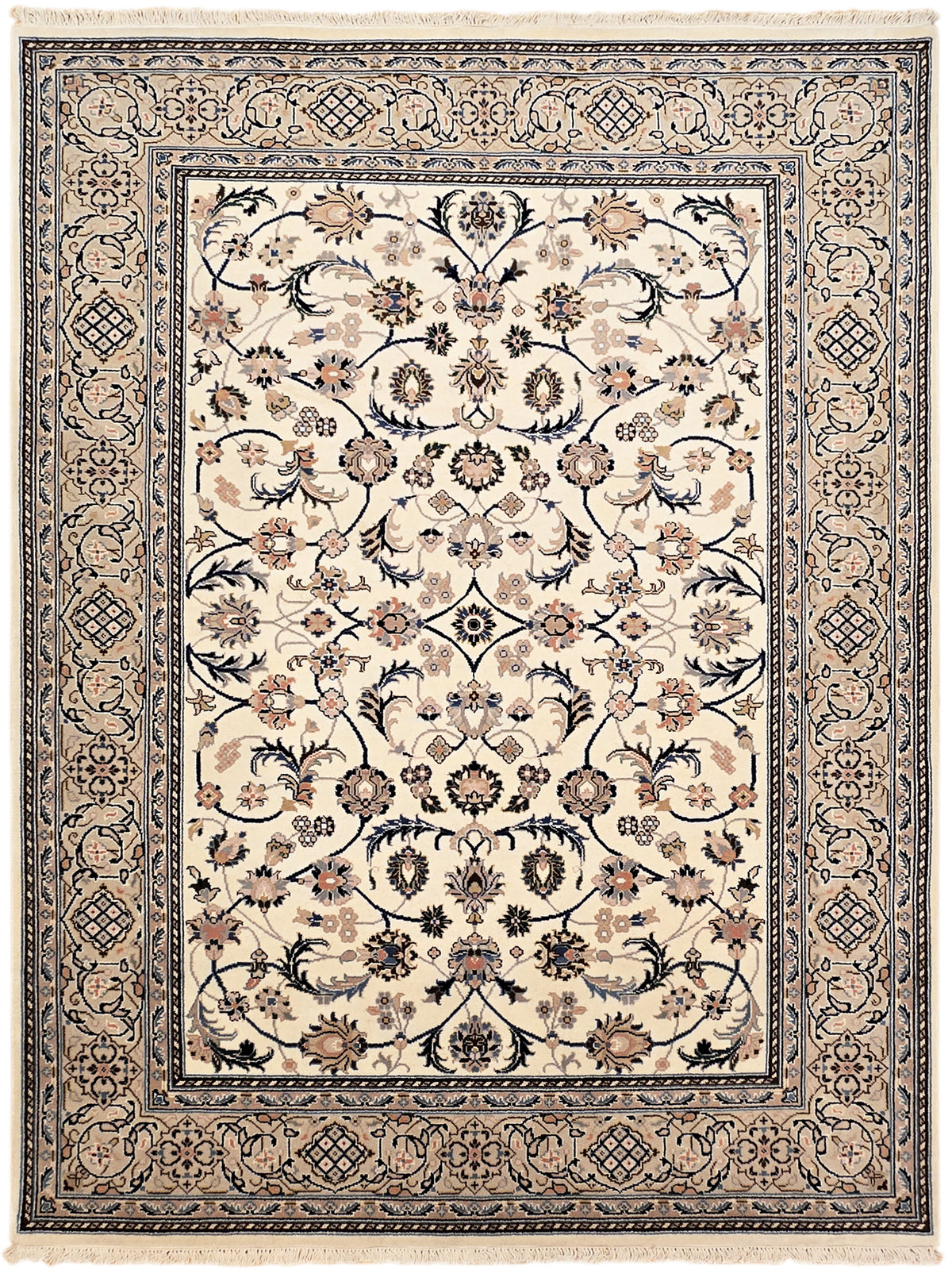Nain rug featuring an off-white floral panel with dark blue scrollwork border