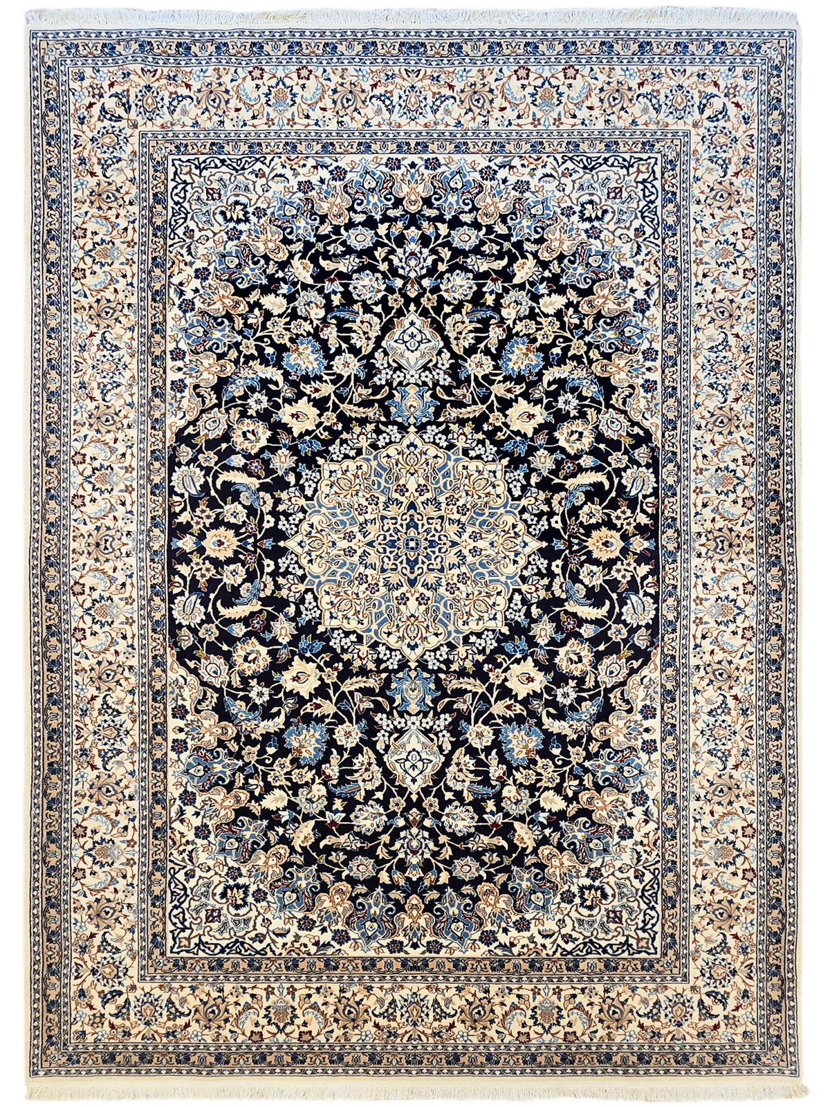 Nain rug with navy, cream, and beige floral medallion border, ornate pattern.