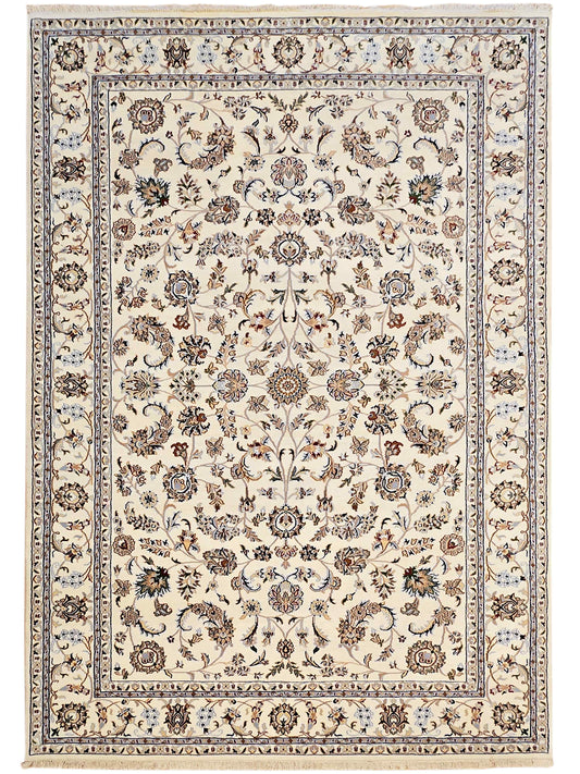 Full view cream rug with symmetrical floral pattern, central medallion, and blue border