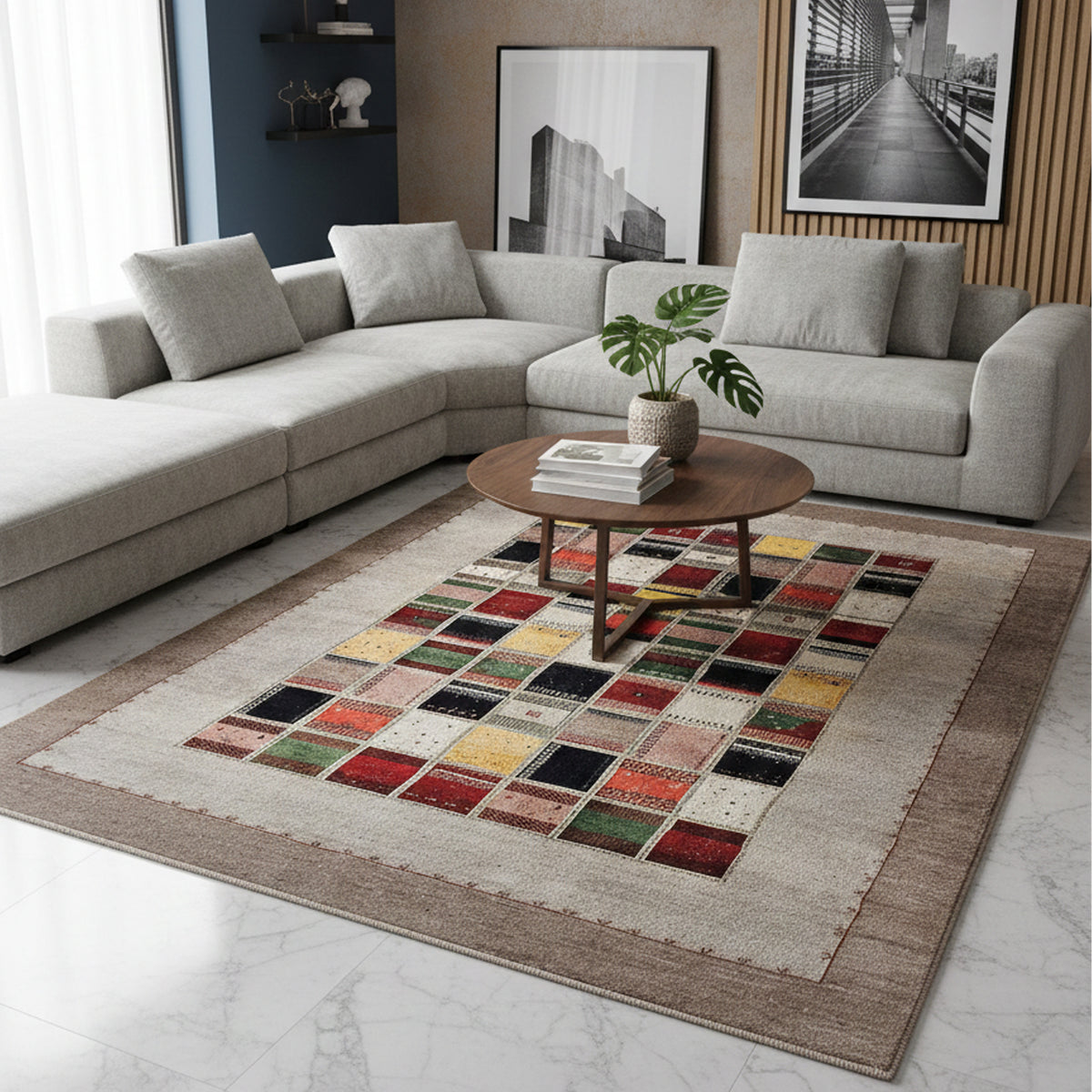 Loribaft rug on floor, beige ground with multicolor patchwork center and border