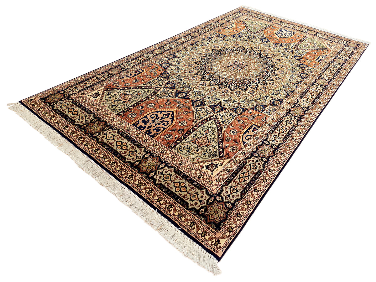 Rectangular rug with ornate medallion design in navy, rust, cream, and green tones