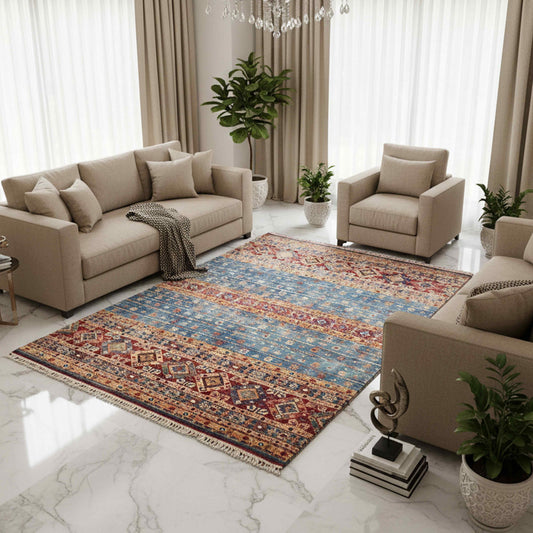 Khorjin-style rug with colorful geometric bands and short fringed border on the floor.