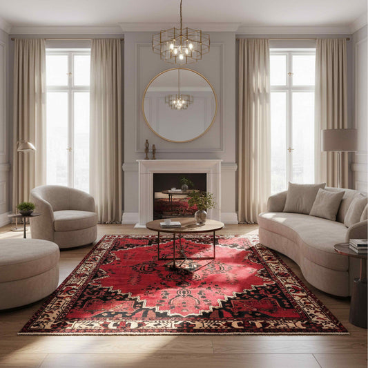 Red patterned area rug with ornate medallion and geometric border in black and beige