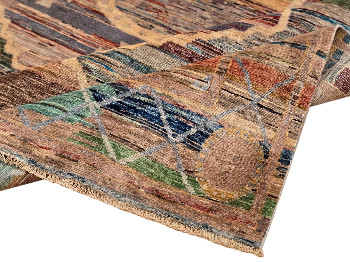 Ziegler Art Deco rug edge close-up with fringe trim and multicolor geometric blocks