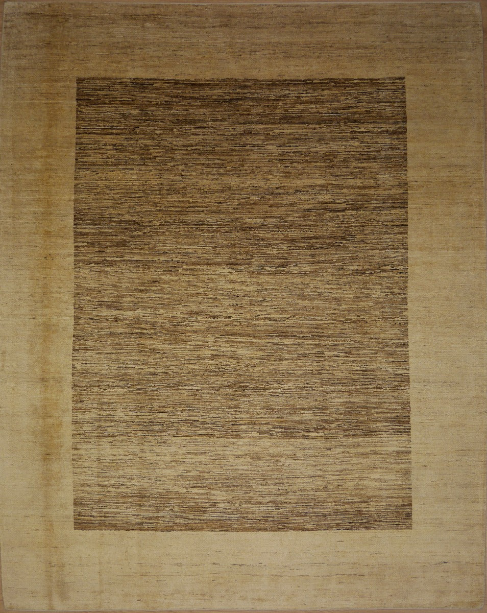 Tan rectangular rug with darker striped center panel, textured weave, 282x228 cm