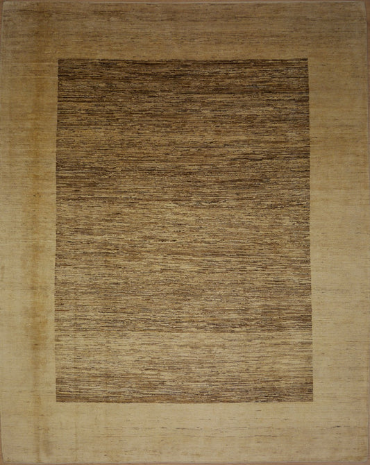 Tan rectangular rug with darker striped center panel, textured weave, 282x228 cm