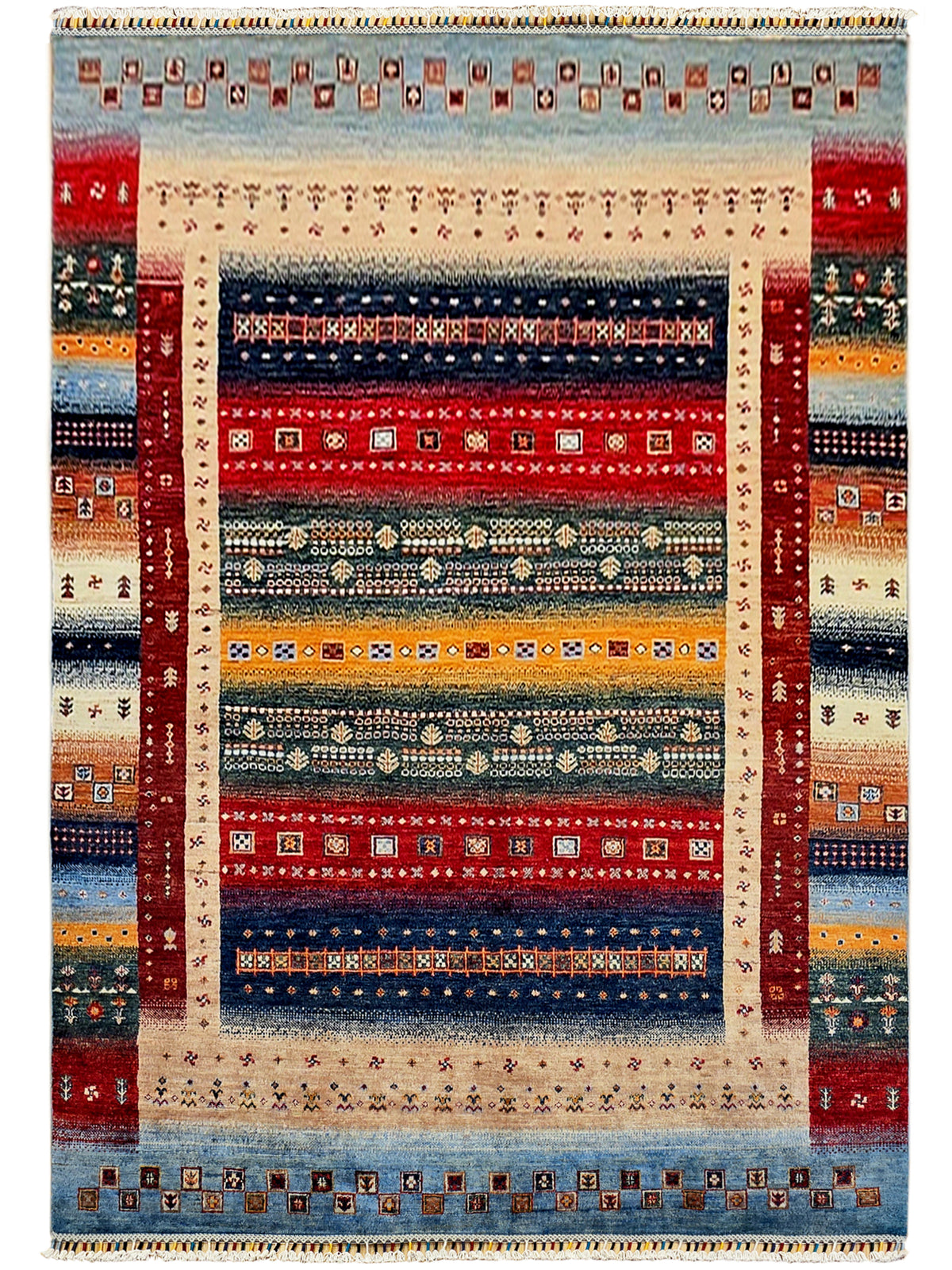 Multicolor geometric patterned area rug with cream border and fringe edges.