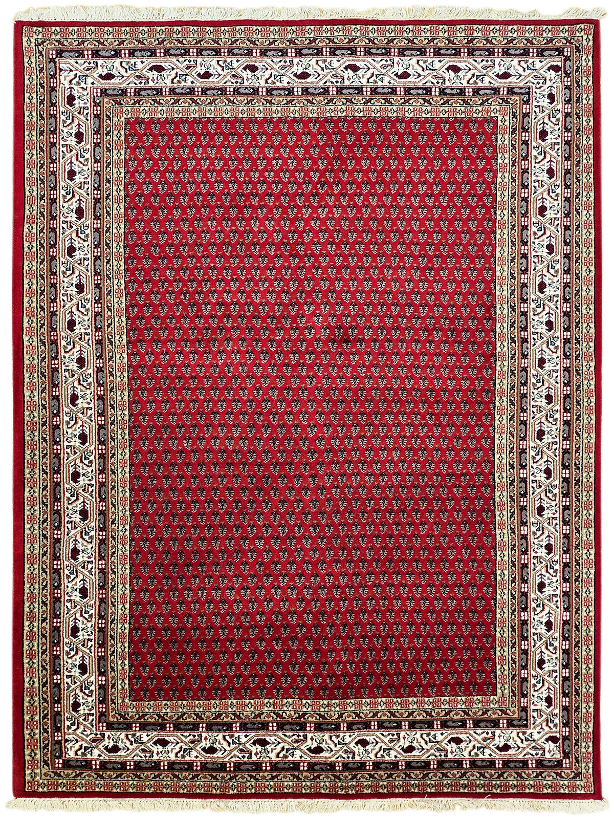 Red central field rug with detailed cream and black border and subtle patterned trim