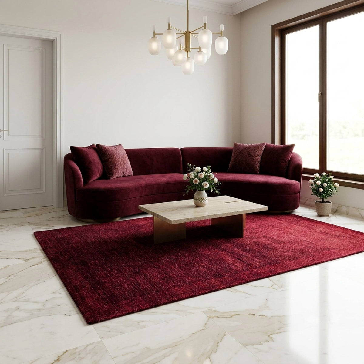 Red area rug on floor in living room